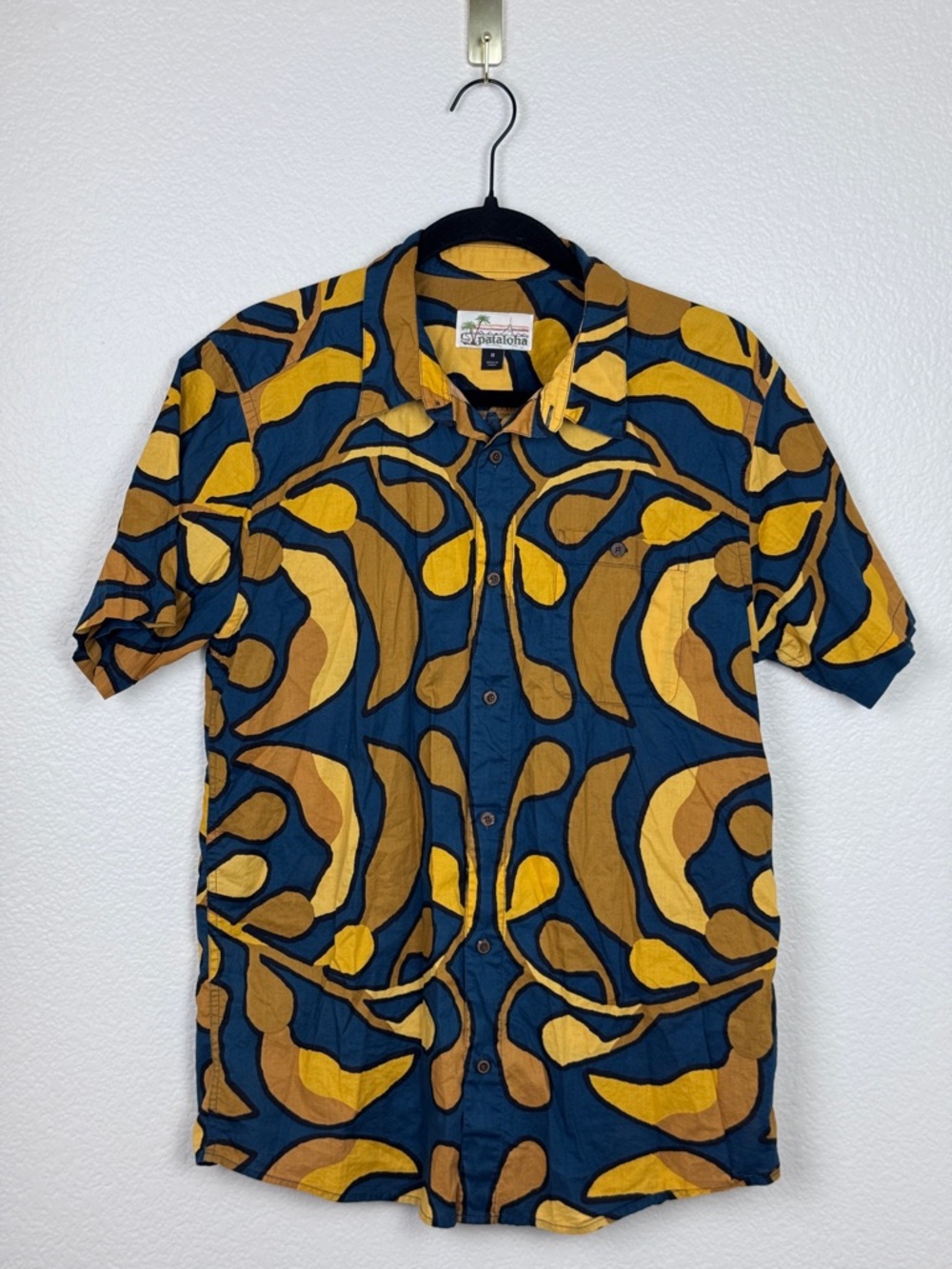 Patagonia Pataloha Shirt Mens Medium Yellow Blue Hawaiian Hibiscus Malihini